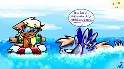Size: 920x512 | Tagged: safe, artist:mushroomcookiebear, character:applejack, character:rainbow dash, dialogue, floaty, goggles, hatless, inflatable, inner tube, lifejacket, missing accessory, ocean, scared, sun, sweat, swimming, water wings