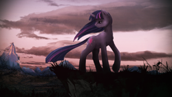 Size: 1920x1080 | Tagged: safe, artist:cosmicunicorn, character:twilight sparkle, species:pony, species:unicorn, canterlot, cloud, cloudy, female, looking back, mare, sad, scenery, solo, wallpaper, windswept mane