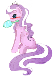 Size: 328x467 | Tagged: safe, artist:cosmicunicorn, character:diamond tiara, species:earth pony, species:pony, blushing, cute, diamondbetes, female, filly, mirror, mouth hold, simple background, sitting, solo, transparent background