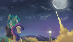 Size: 2850x1642 | Tagged: safe, artist:ardail, character:bon bon, character:lyra heartstrings, character:sweetie drops, fanfic:background pony, clothing, dig the swell hoodie, game:to the moon, hoodie, lighthouse, moon
