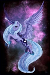 Size: 733x1100 | Tagged: safe, artist:cosmicunicorn, character:princess luna, species:alicorn, species:pony, female, flying, glowing horn, mare, nebula, s1 luna, solo, space, spread wings, wings