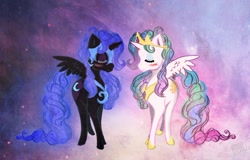 Size: 1100x703 | Tagged: safe, artist:cosmicunicorn, character:nightmare moon, character:princess celestia, character:princess luna, species:alicorn, species:pony, abstract background, alternate hairstyle, blushing, curly hair, duo, eyes closed, female, mare