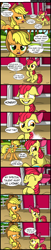 Size: 800x3884 | Tagged: safe, artist:veggie55, character:apple bloom, character:applejack, species:earth pony, species:pony, comic, cutie mark, duo, duo female, female, filly, floppy ears, frown, grin, liar, lying down, mare
