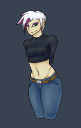Size: 512x810 | Tagged: safe, artist:hot headed clover, artist:williamd, character:gilda, species:human, belly button, belt, belt buckle, clothing, humanized, jeans, long sleeves, midriff