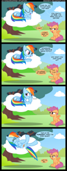 Size: 1250x3193 | Tagged: safe, artist:veggie55, character:rainbow dash, character:scootaloo, species:pegasus, species:pony, cloud, comic, eyes closed, female, filly, floppy ears, foal, grin, hooves, lying on a cloud, mare, on a cloud, on back, prone, sad, scootaloo can't fly, sitting, smiling, spread wings, tree, wings