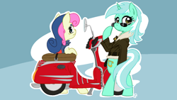 Size: 1366x768 | Tagged: safe, artist:elslowmo, artist:miles, character:bon bon, character:lyra heartstrings, character:sweetie drops, species:pony, ship:lyrabon, bipedal, clothing, female, jacket, lesbian, moped, scooter, shipping, sunglasses