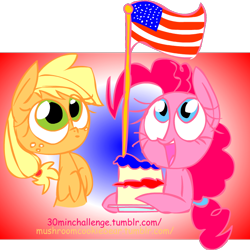 Size: 710x709 | Tagged: safe, artist:mushroomcookiebear, character:applejack, character:pinkie pie, amerijack, cake, flag, hatless, missing accessory, united states