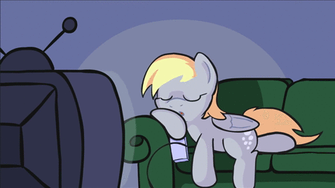 Size: 478x269 | Tagged: safe, artist:mrponiator, character:derpy hooves, species:pegasus, species:pony, animated, controller, couch, eyes closed, female, lying down, sleeping, solo, television