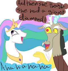 Size: 1138x1185 | Tagged: safe, artist:tggeko, character:discord, character:princess celestia, species:alicorn, species:pony, duo, implied trollestia, laughing, simple background, white background