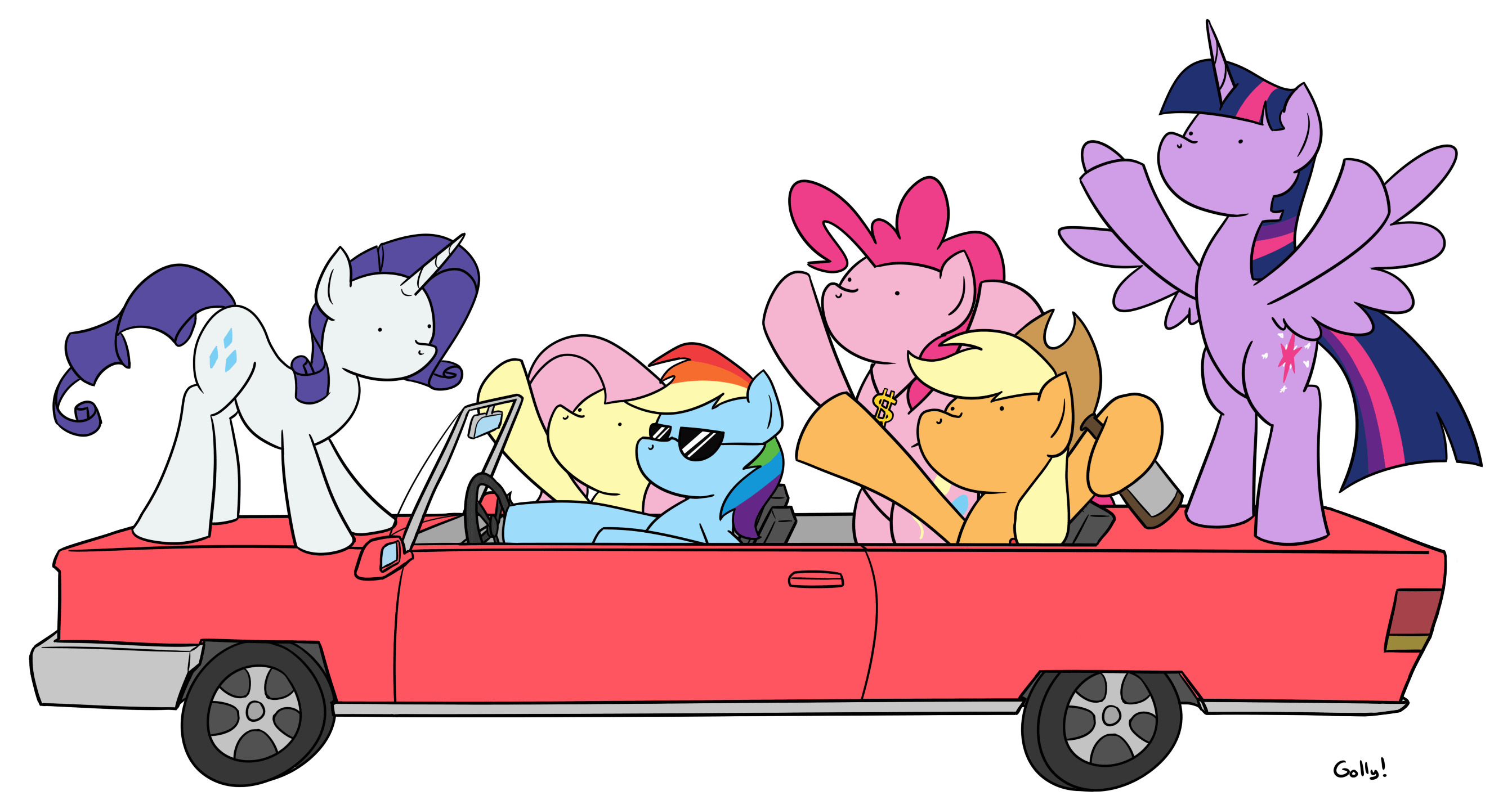 Size: 2686x1422 | Tagged: safe, artist:rapidstrike, character:applejack, character:fluttershy, character:pinkie pie, character:rainbow dash, character:rarity, character:twilight sparkle, character:twilight sparkle (alicorn), species:alicorn, species:pony, animated, bipedal, bottle, car, dancing, driving, female, hoof hold, mane six, mare, spread wings, standing, sunglasses, twerking, wings