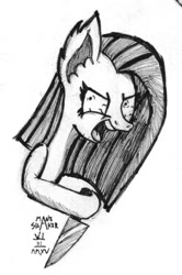 Size: 729x1097 | Tagged: safe, artist:mane-shaker, character:pinkamena diane pie, character:pinkie pie, ear fluff, female, knife, looking at you, monochrome, solo, traditional art