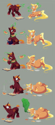 Size: 1500x3414 | Tagged: safe, artist:mellowhen, oc, oc only, oc:shortstack, oc:wholewheat, species:earth pony, species:pony, species:unicorn, beard, belly, bhm, bloated, burp, do not want, facial hair, fat, force feeding, levitation, long tail, magic, male, obese, pancakes, spell, stallion, stuffing, weight gain