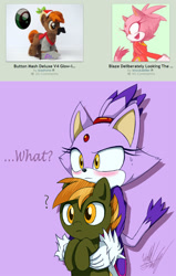 Size: 762x1200 | Tagged: safe, artist:fuzon-s, artist:kiashone, character:button mash, blaze the cat, blushing, buttonbetes, confused, crossover, cute, deviantart, dialogue, doodle, embarrassed, hatless, holding, irl, juxtaposition, missing accessory, photo, plushie, question mark, simple background, sonic the hedgehog (series), sweat, sweatdrop