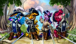 Size: 2000x1150 | Tagged: safe, artist:harwick, character:applejack, character:pinkie pie, character:rainbow dash, character:twilight sparkle, species:pony, bipedal, cider, musketeer, rapier, sword, the three musketeers