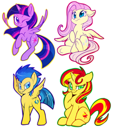 Size: 1280x1397 | Tagged: safe, artist:lustrous-dreams, character:flash sentry, character:fluttershy, character:sunset shimmer, character:twilight sparkle, character:twilight sparkle (alicorn), species:alicorn, species:pony, female, flying, mare, spread wings, wings, wink