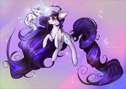 Size: 1024x724 | Tagged: safe, artist:wilvarin-liadon, character:opalescence, character:rarity, species:pony, species:unicorn, abstract background, cat, chest fluff, cute, duo, ear fluff, floating, glowing horn, impossibly large mane, impossibly long tail, leg fluff
