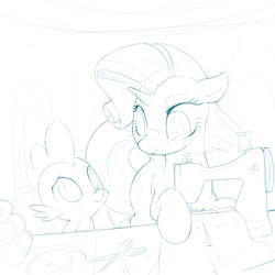 Size: 700x700 | Tagged: safe, artist:bluedrg19, character:rarity, character:spike, species:pony, ship:sparity, female, grayscale, lineart, looking at each other, male, monochrome, sewing machine, shipping, smiling, straight