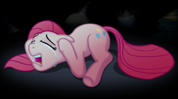Size: 1800x1000 | Tagged: safe, artist:moongazeponies, character:pinkamena diane pie, character:pinkie pie, species:earth pony, species:pony, crying, eyes closed, female, floppy ears, madame leflour, mare, mr. turnip, prone, rocky, sad, sir lintsalot
