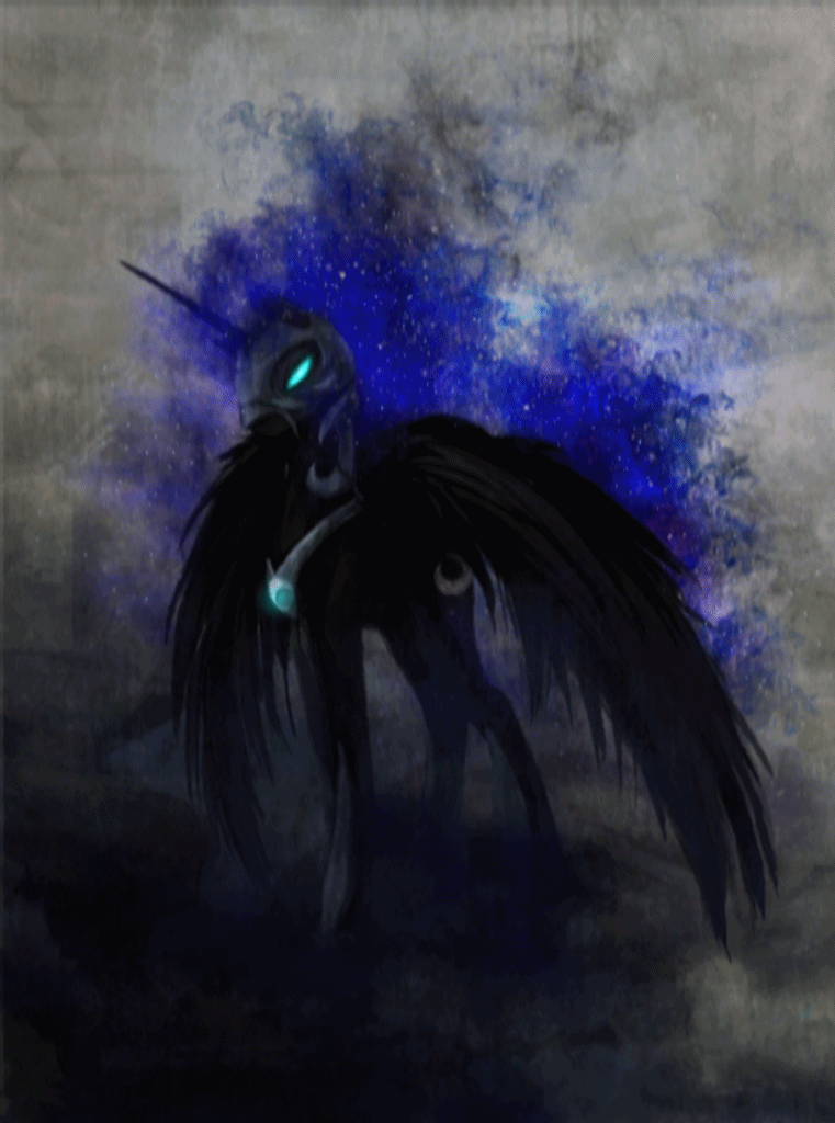 Size: 761x1024 | Tagged: safe, artist:cosmicunicorn, artist:equum_amici, edit, character:nightmare moon, character:princess luna, animated, cinemagraph, ethereal mane, female, glowing eyes, solo