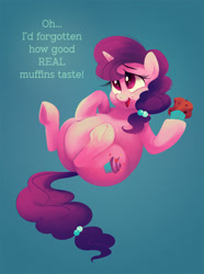 Size: 1500x2015 | Tagged: safe, artist:mellowhen, character:sugar belle, species:pony, species:unicorn, episode:the cutie map, g4, my little pony: friendship is magic, adorafatty, belly, big belly, chubby, crumbs, cute, fat, female, muffin, solo, sugar belly, sugarbetes, that pony sure does love cakes, that pony sure does love muffins, underhoof, weight gain