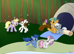 Size: 1700x1241 | Tagged: safe, artist:lustrous-dreams, character:archer, character:dinky hooves, character:pipsqueak, character:silver spoon, character:snails, character:sweetie belle, ship:dinkysqueak, archer (character), archerbelle, background pony, camping, female, lesbian, male, scootablue, shipping, snailspoon, straight