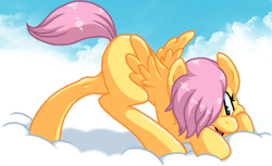 Size: 715x439 | Tagged: safe, artist:fizzy-dog, character:fluttershy, cloud, cloudy, female, filly, solo, younger