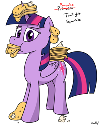 Size: 1156x1438 | Tagged: safe, artist:rapidstrike, character:twilight sparkle, character:twilight sparkle (alicorn), species:alicorn, species:pony, episode:castle sweet castle, g4, my little pony: friendship is magic, chocolate chips, female, food, gentlemen, horn impalement, i'm pancake, mare, pancakes, simple background, solo