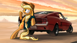 Size: 1920x1080 | Tagged: safe, artist:dori-to, character:applejack, car, clothing, female, ford, ford mustang, mustang, shirt, solo
