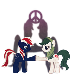Size: 700x728 | Tagged: safe, artist:cosmicunicorn, species:earth pony, species:pony, nation ponies, duo, eye contact, female, hoofbump, iran, looking at each other, mare, peace, ponified, united states