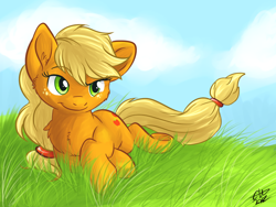 Size: 800x600 | Tagged: safe, artist:fizzy-dog, character:applejack, chest fluff, female, grass, prone, solo