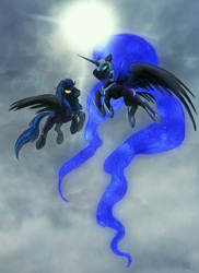 Size: 1020x1400 | Tagged: safe, artist:cosmicunicorn, character:descent, character:nightmare moon, character:princess luna, species:alicorn, species:pegasus, species:pony, clothing, cloud, cloudy, costume, duo, ethereal mane, female, flying, galaxy mane, glowing eyes, hoof shoes, impossibly long hair, impossibly long tail, long hair, long mane, long tail, mare, moon, shadowbolts, shadowbolts (nightmare moon's minions), shadowbolts costume, spread wings, wings