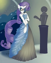 Size: 1024x1280 | Tagged: safe, artist:helixjack, character:rarity, species:human, arm hooves, clothing, cosplay, costume, dress, encasement, gown, latex, latex suit, mittens, ponysuit