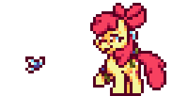 Size: 244x136 | Tagged: safe, artist:mrponiator, character:apple bloom, species:earth pony, species:pony, episode:bloom and gloom, g4, my little pony: friendship is magic, animated, bow, female, filly, hair bow, hoof hold, pest control gear, pixel art, raised hoof, season 5 pixel art, simple background, smiling, smirk, solo, that was fast, transparent background, twitbuster apple bloom, twittermite