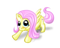 Size: 1280x1024 | Tagged: safe, artist:dori-to, character:fluttershy, species:pegasus, species:pony, blushing, female, looking at you, looking up, mare, simple background, smiling, solo, spread wings, standing, three quarter view, white background, wings