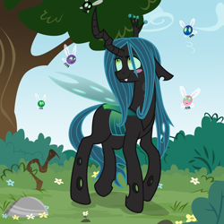Size: 5000x5000 | Tagged: safe, artist:kevinsano edits, artist:kooner-cz, edit, character:queen chrysalis, species:changeling, absurd resolution, blushing, changeling queen, female, parasprite, smiling, solo