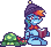 Size: 176x164 | Tagged: safe, artist:mrponiator, character:rainbow dash, character:tank, species:pegasus, species:pony, episode:tanks for the memories, g4, my little pony: friendship is magic, animated, book, female, mare, pixel art, reptile, season 5 pixel art, tortoise