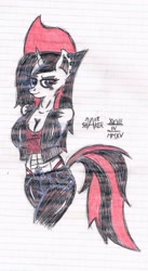 Size: 662x1206 | Tagged: safe, artist:mane-shaker, oc, oc only, oc:shakie, species:anthro, species:pony, species:unicorn, abs, anthro oc, breasts, clothing, female, leather jacket, leather pants, lined paper, looking at you, panties, piercing, rule 63, smirk, solo, thong, traditional art, underwear