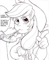 Size: 782x960 | Tagged: safe, artist:mrw32, character:applejack, black and white, breasts, busty applejack, dialogue, female, grayscale, gun, humanized, monochrome, solo, spanish, speech bubble, translated in the comments, weapon