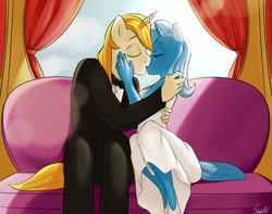 Size: 1900x1500 | Tagged: safe, artist:skecchiart, character:prince blueblood, character:trixie, species:anthro, species:plantigrade anthro, ship:bluetrix, bow tie, clothing, dress, female, kissing, male, shipping, straight, suit, tuxedo, wedding, wedding dress