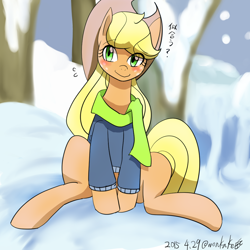 Size: 1000x1000 | Tagged: safe, artist:wonton soup, character:applejack, clothing, female, scarf, snow, solo, winter