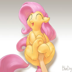 Size: 2000x2000 | Tagged: safe, artist:bluedrg19, character:fluttershy, species:human, species:pegasus, species:pony, bellyrubs, cute, disembodied hand, eyes closed, female, floppy ears, gradient background, hand, happy, laughing, legs in air, mare, misleading thumbnail, on back, open mouth, petting, shyabetes, signature, simple background, smiling, solo focus, tickling, underhoof, white background