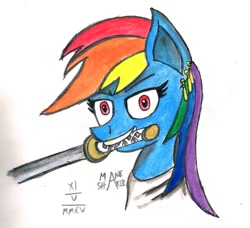 Size: 937x853 | Tagged: safe, artist:mane-shaker, character:rainbow dash, colored, earring, female, katana, one piece, piercing, roronoa zoro, solo, sword, traditional art, weapon