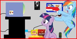 Size: 1388x699 | Tagged: source needed, safe, artist:drpain, character:rainbow dash, character:twilight sparkle, aqua teen hunger force, chips, crossover, doritos, duck hunt, gamer dash, gamerdash, miles "tails" prower, monster, popcorn, sega, sonic the hedgehog (series), video game, zapper