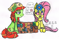 Size: 1024x675 | Tagged: safe, artist:mane-shaker, character:fluttershy, character:tree hugger, episode:make new friends but keep discord, g4, my little pony: friendship is magic, 60s, backpack, bag, bandana, colored, cute, ear fluff, hippie, hippieshy, hoofstock, necklace, peace symbol, pun, traditional art, watercolor painting, woodstock