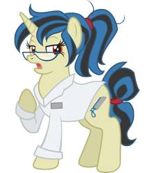 Size: 2800x3150 | Tagged: safe, artist:floots, artist:mellowhen, oc, oc only, oc:sawhorse, species:pony, species:unicorn, fallout equestria, clothing, doctor, glasses, lab coat, ponytail, simple background, solo, transparent background, vector