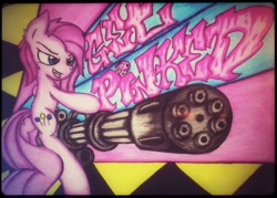 Size: 1024x734 | Tagged: safe, artist:canvymamamoo, character:pinkamena diane pie, character:pinkie pie, female, graffiti, minigun, ponies with guns, solo, traditional art