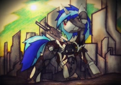 Size: 2030x1421 | Tagged: safe, artist:canvymamamoo, character:dj pon-3, character:vinyl scratch, armor, crossover, female, konami, metal gear, metal gear rising, raiden, solo, sword, traditional art, video game