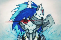 Size: 2000x1321 | Tagged: safe, artist:canvymamamoo, character:dj pon-3, character:vinyl scratch, armor, crossover, female, konami, metal gear, metal gear rising, raiden, solo, sword, traditional art, video game