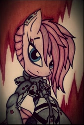 Size: 1347x2000 | Tagged: safe, artist:canvymamamoo, character:pinkamena diane pie, character:pinkie pie, armor, crossover, female, konami, metal gear, metal gear rising, mistral, solo, traditional art, video game