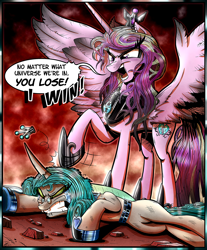 Size: 1950x2356 | Tagged: safe, artist:gray--day, character:princess cadance, character:queen chrysalis, alternate universe, angry, bad end, bruised, crying, evil cadance, fight, gritted teeth, i can't believe it's not idw, mirror universe, reversalis
